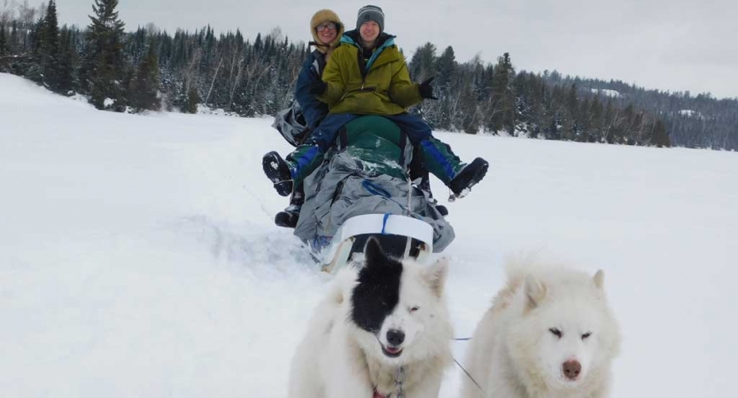a person sits on a sled and smiles while another stands at the back of the sled, all being pulled by a team of dogs, two of which you can see in the foreground